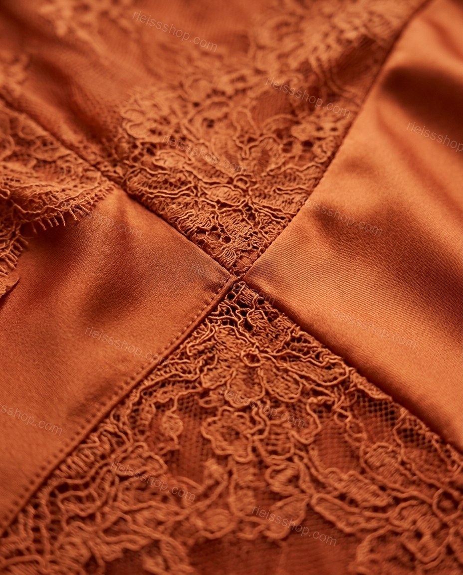 Rust Maxi Open-Back Satin Dress, close-up of scalloped hem, by Rieissshop