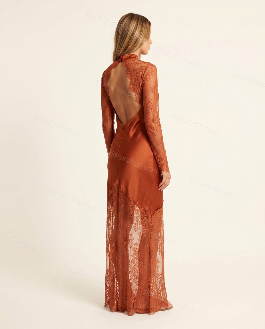 Rust Maxi Open-Back Satin Dress, back studio view showing open back with lace detailing, by Rieissshop