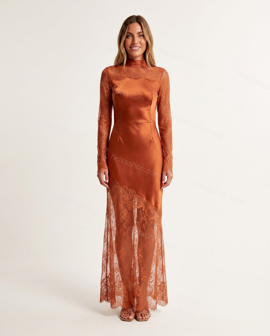 Rust Maxi Open-Back Satin Dress, front studio view, by Rieissshop