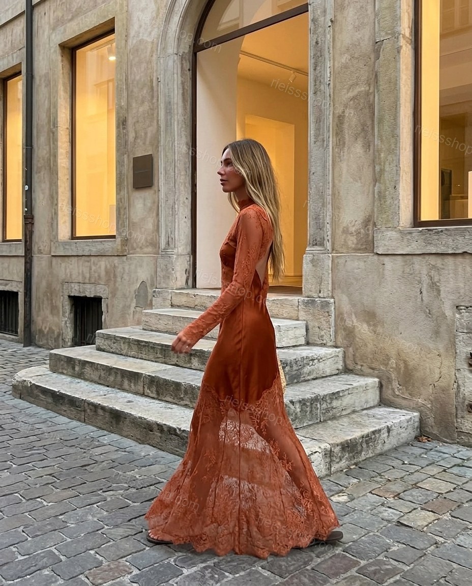 Rust Maxi Open-Back Satin Dress, three-quarter brand lifestyle view, by Rieissshop