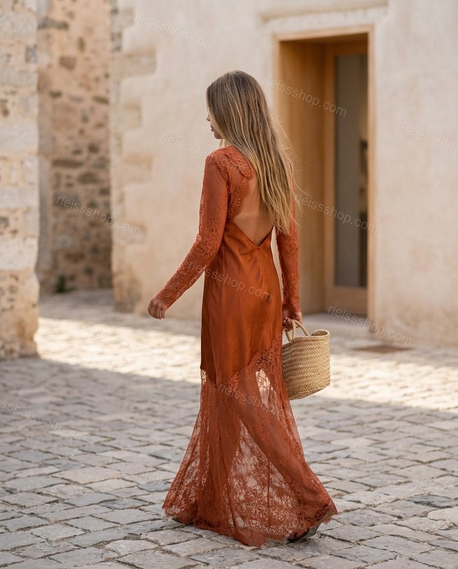 Rust Maxi Open-Back Satin Dress, walking lifestyle view, by Rieissshop