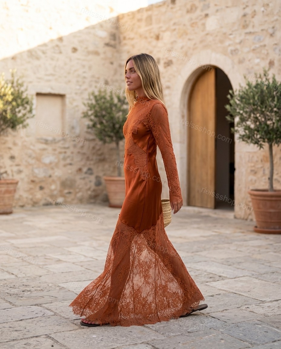 Rust Maxi Open-Back Satin Dress, movement and fit lifestyle view, by Rieissshop