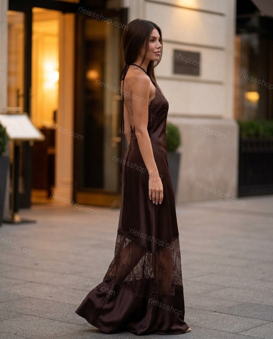 Brown Maxi Halter Satin Dress, walking lifestyle view, by Rieissshop