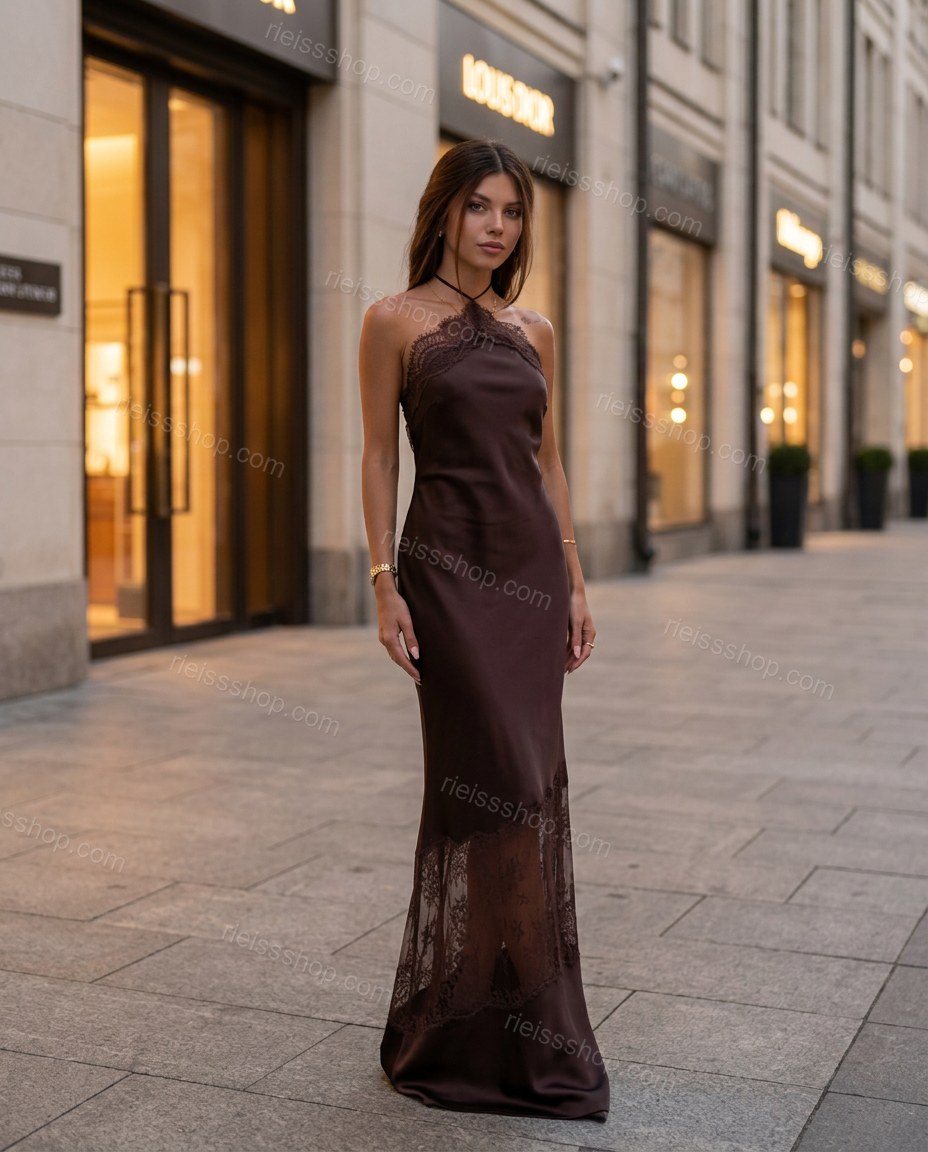 Brown Maxi Halter Satin Dress, three-quarter brand lifestyle view, by Rieissshop