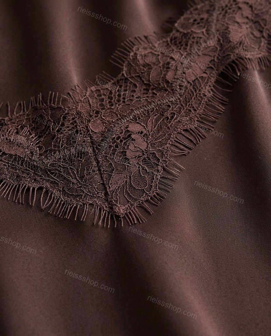 Brown Maxi Halter Satin Dress, close-up of lace trim, sheer lace panel and halter neck, by Rieissshop