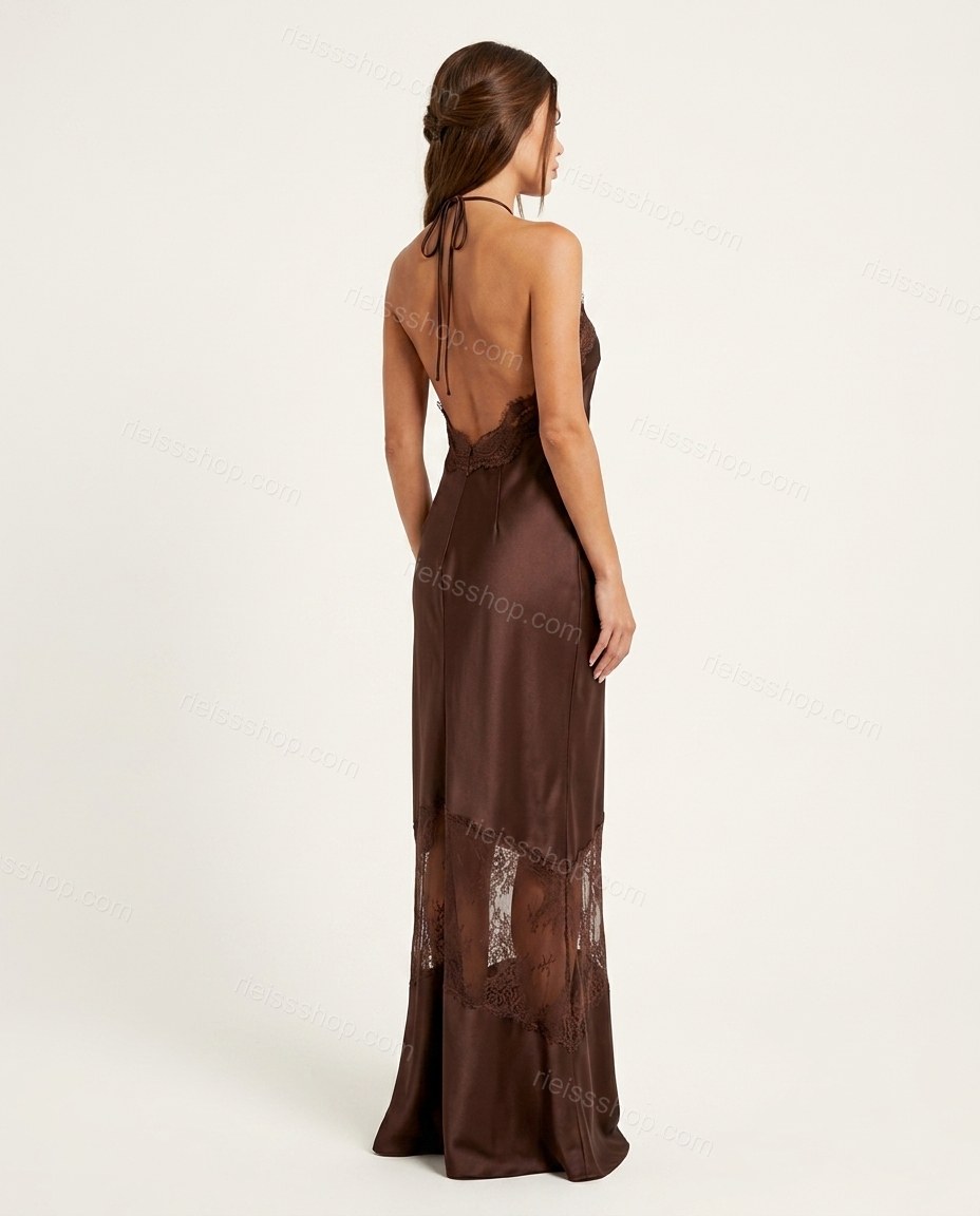 Brown Maxi Halter Satin Dress, back studio view showing open back design with lace trim along the top edge, by Rieissshop