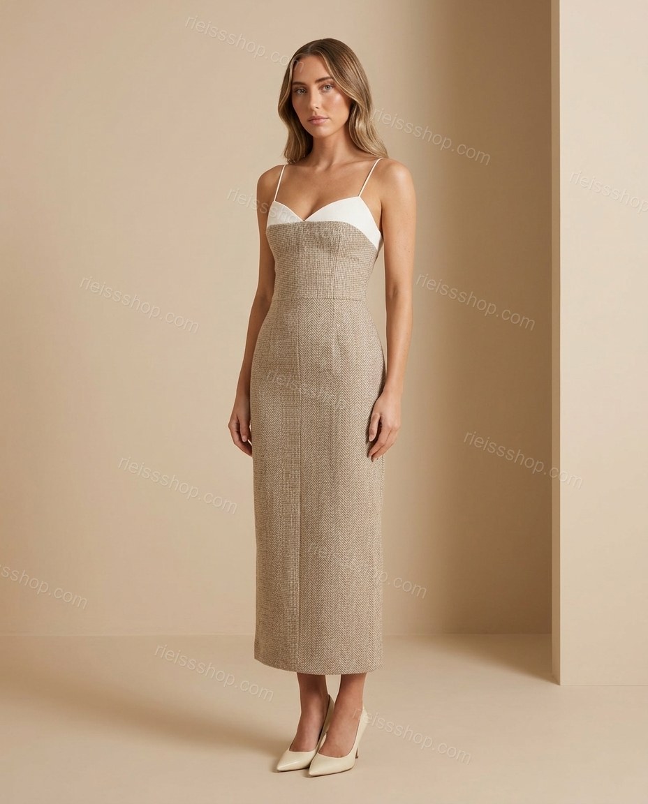 Beige Midi Strapless Dress, full-length hero view, by Rieissshop