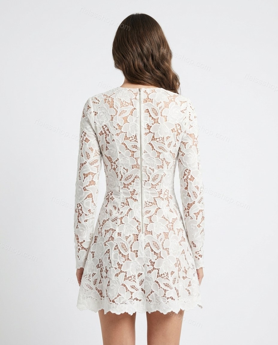 White Floral Mini Lace Dress, back studio view showing center back zipper closure, continuous lace pattern, by Rieissshop