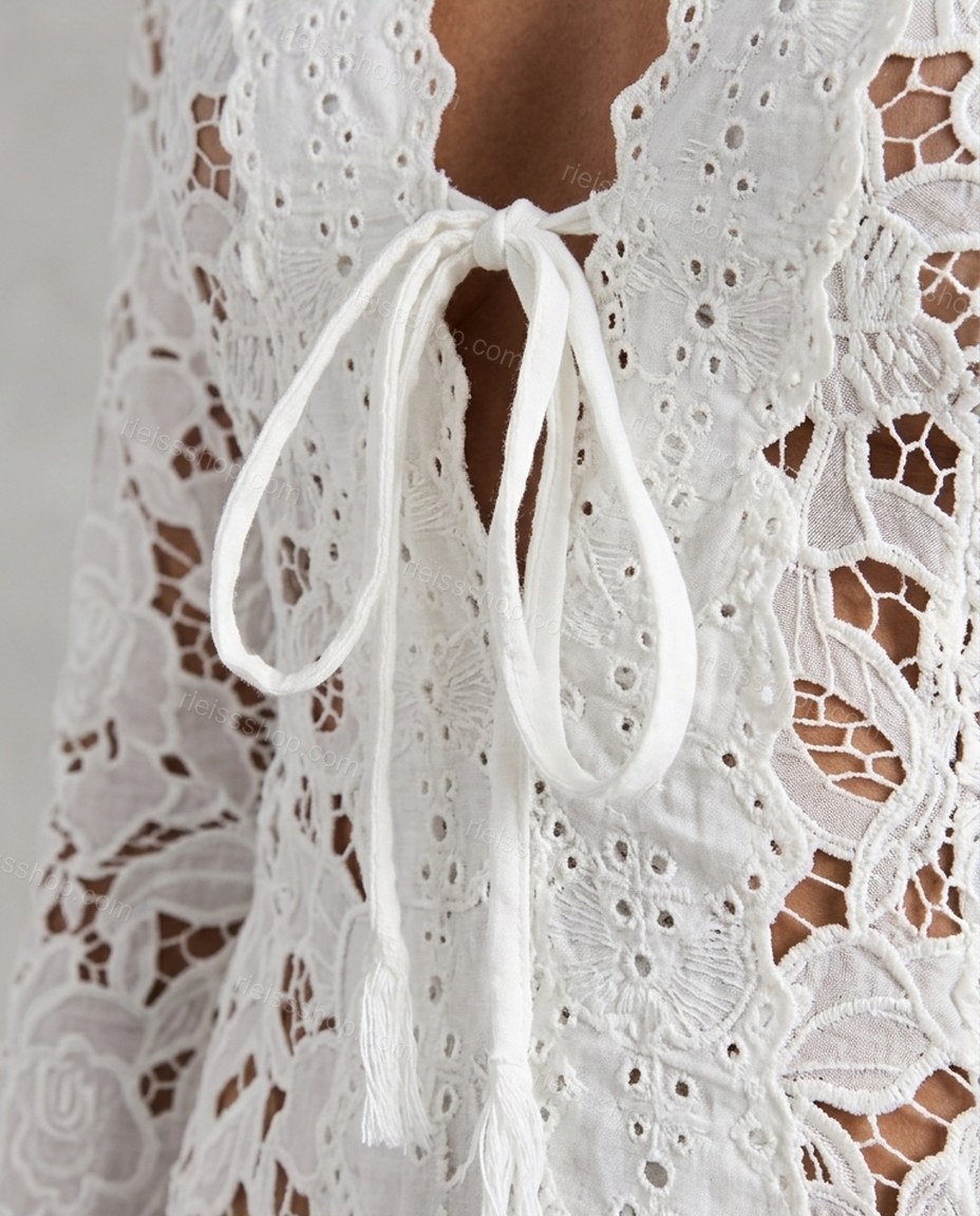 White Floral Mini Lace Dress, close-up of floral, by Rieissshop