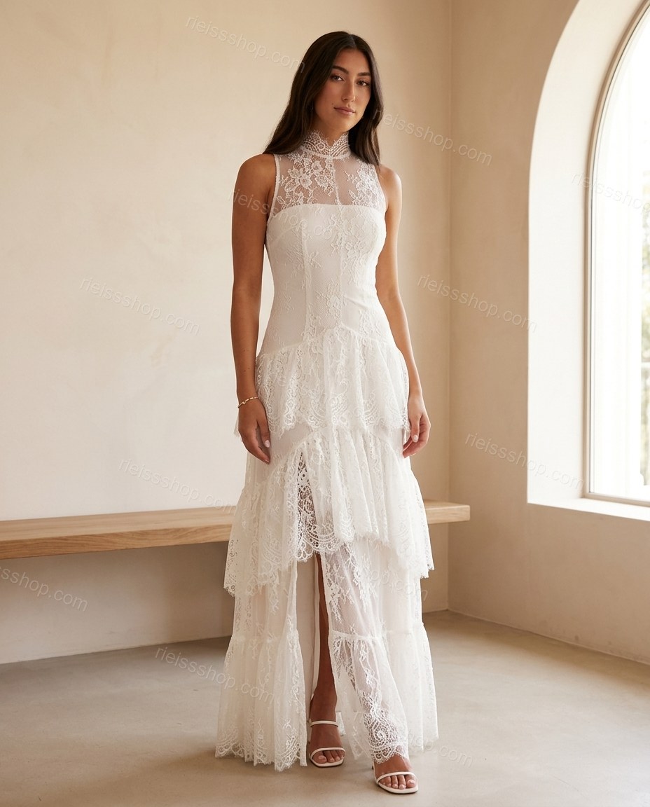 White Maxi High-Low Tiered Dress, full-length hero view, by Rieissshop