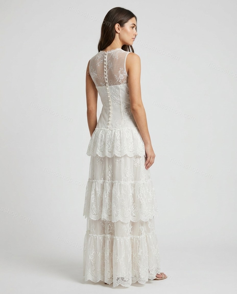 White Maxi High-Low Tiered Dress, back studio view showing vertical row of small buttons down the center back, by Rieissshop