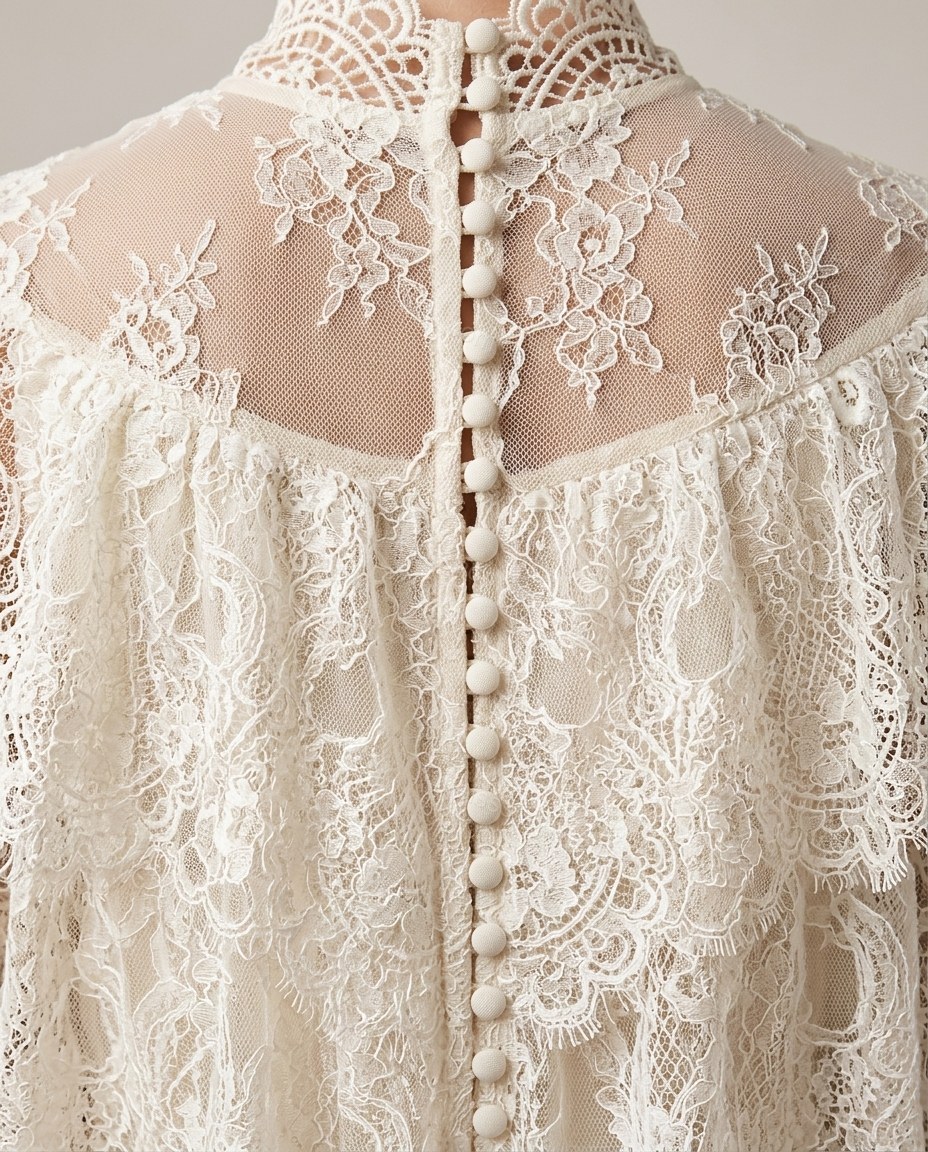 White Maxi High-Low Tiered Dress, close-up of tiered skirt, high-low hem and button-back closure, by Rieissshop