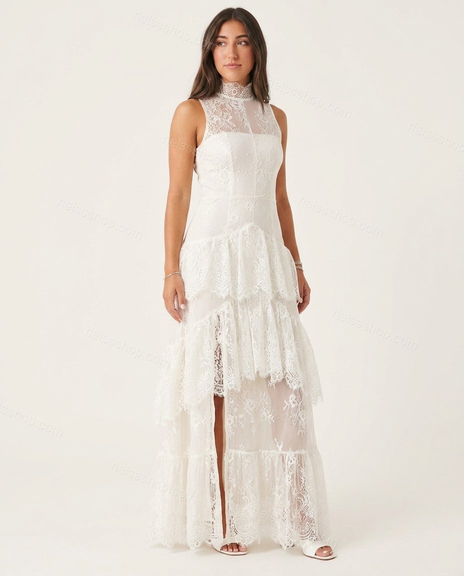 White Maxi High-Low Tiered Dress, front studio view, by Rieissshop