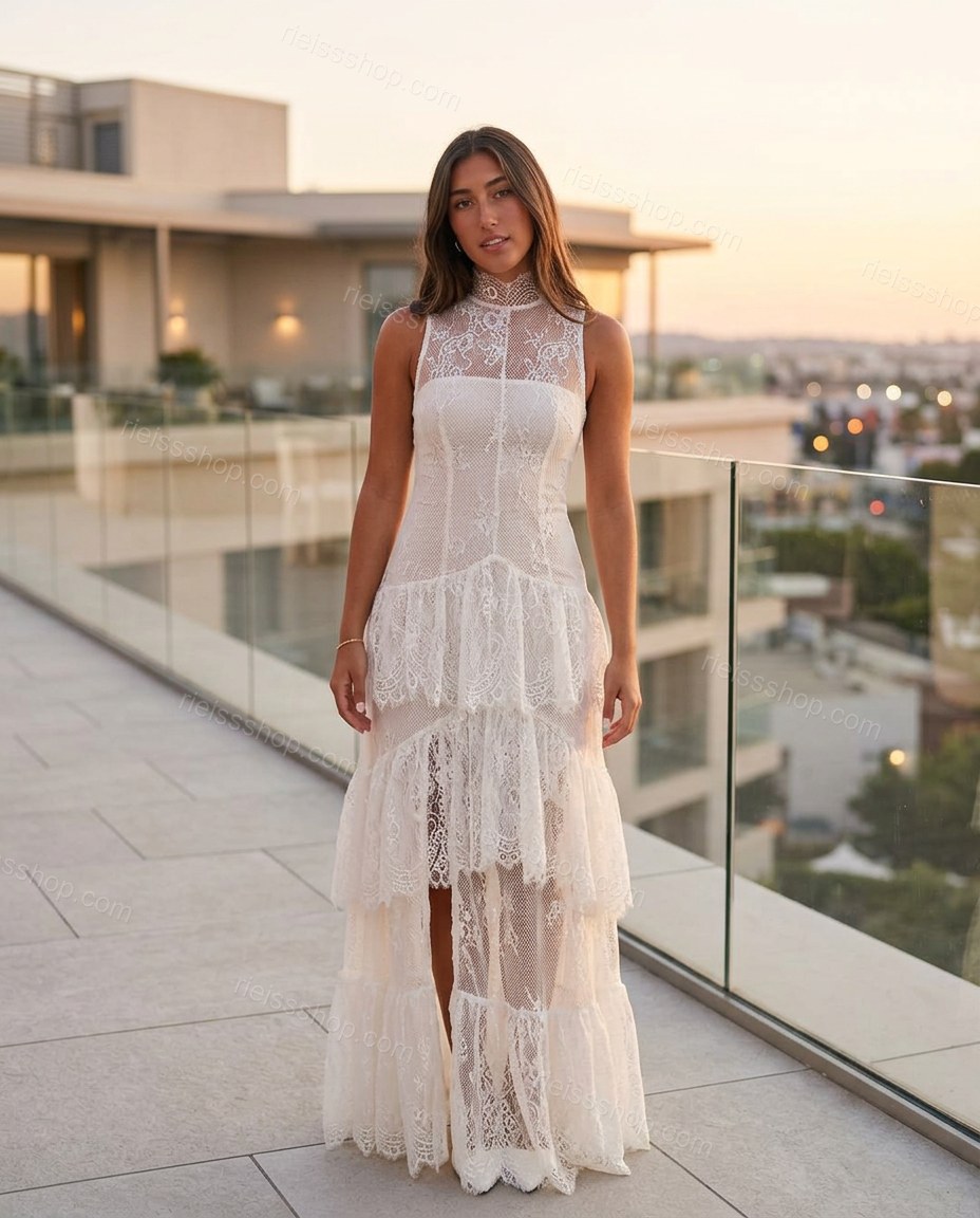 White Maxi High-Low Tiered Dress, alternate use-case lifestyle view, by Rieissshop