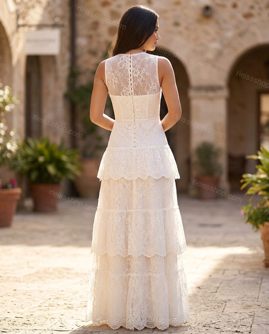 White Maxi High-Low Tiered Dress, three-quarter brand lifestyle view, by Rieissshop