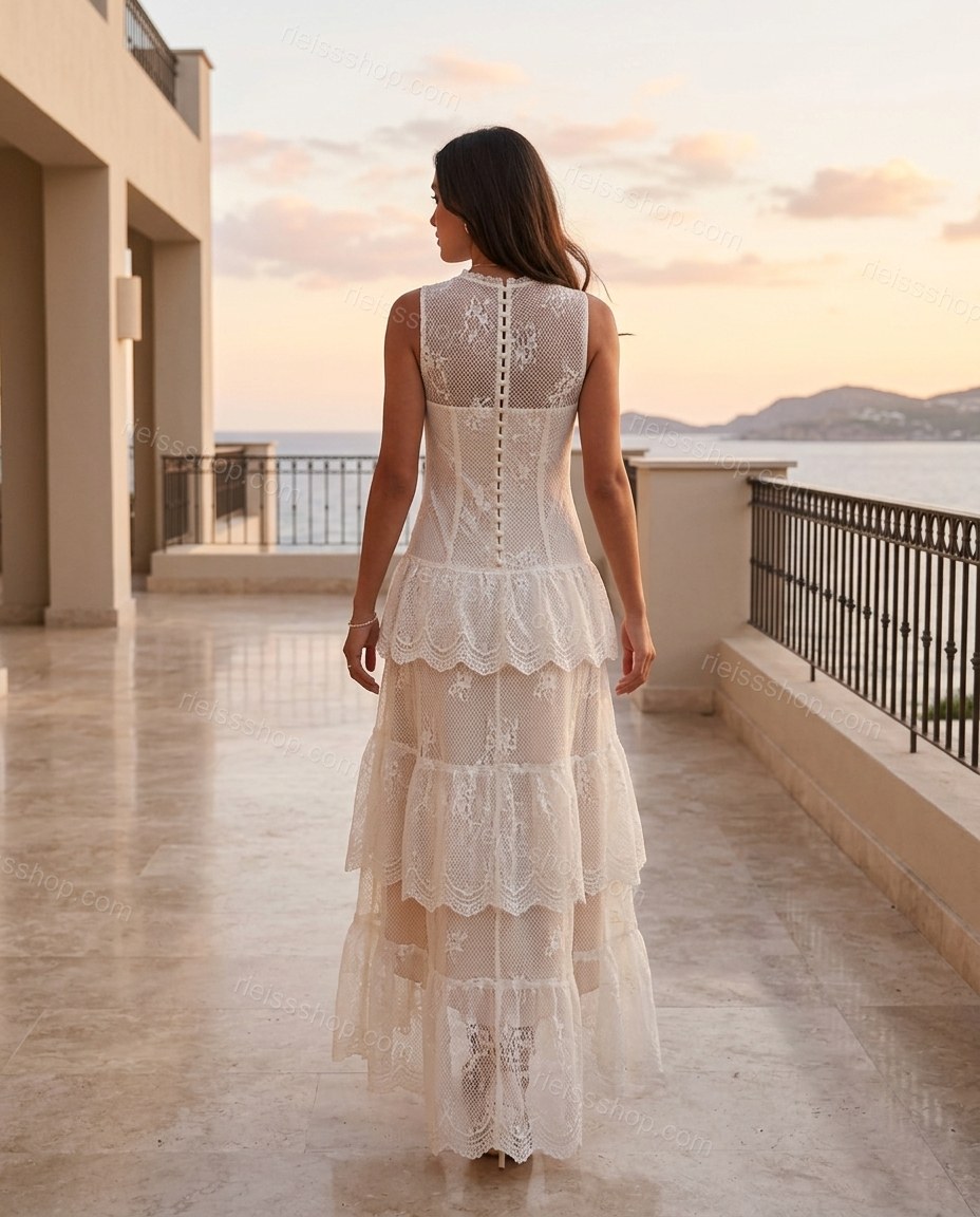 White Maxi High-Low Tiered Dress, walking lifestyle view, by Rieissshop