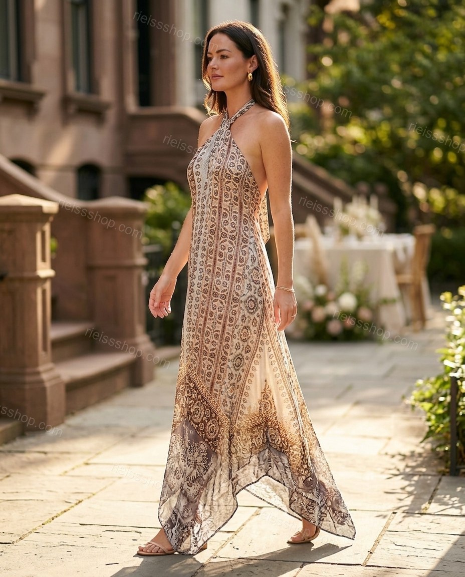 Multi-Color Paisley Maxi Open-Back Dress, walking lifestyle view, by Rieissshop