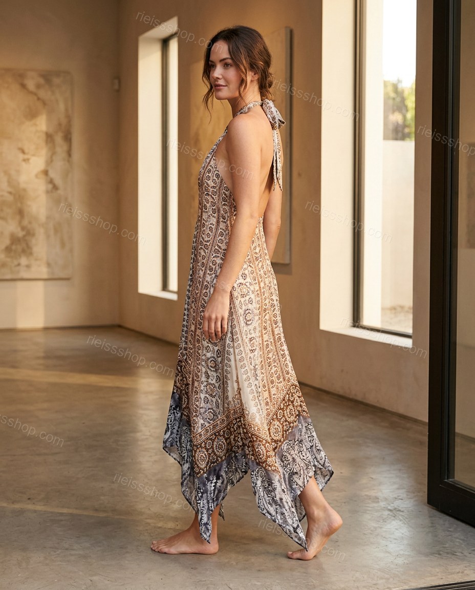 Multi-Color Paisley Maxi Open-Back Dress, three-quarter brand lifestyle view, by Rieissshop