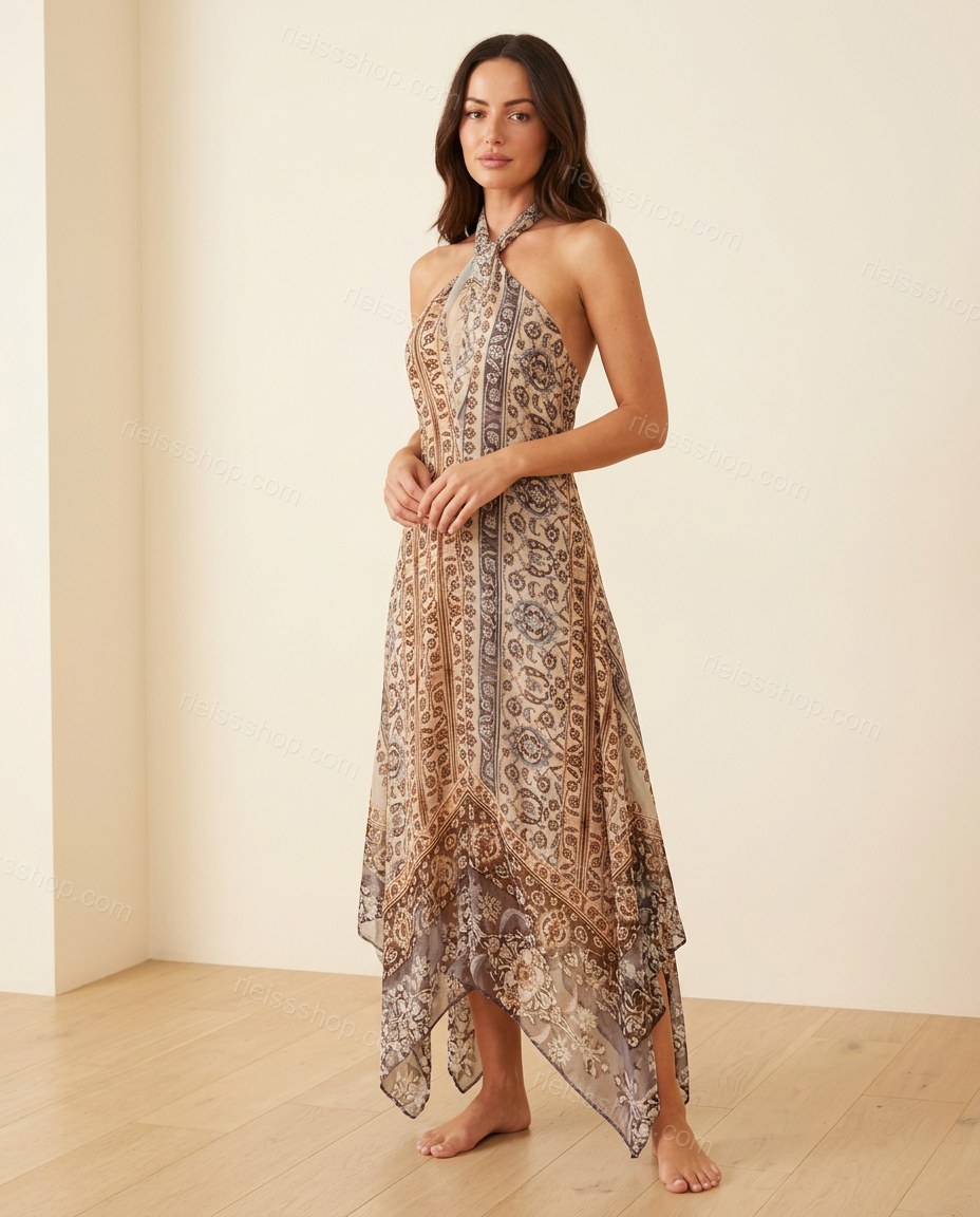 Multi-Color Paisley Maxi Open-Back Dress, full-length hero view, by Rieissshop