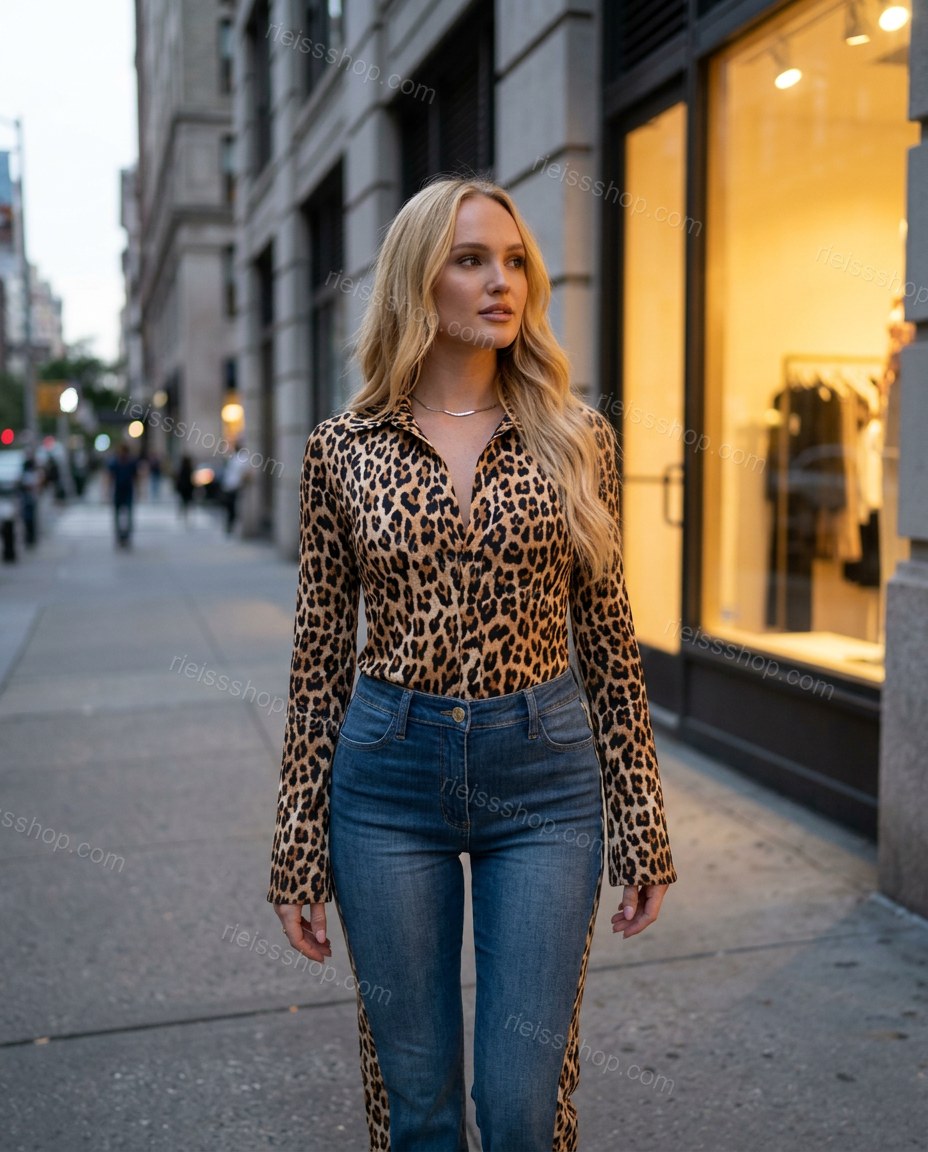 Brown Leopard Print Denim Two-Piece Set, three-quarter brand lifestyle view, by Rieissshop