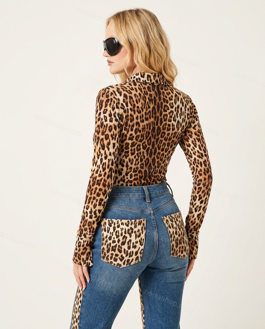 Brown Leopard Print Denim Two-Piece Set, back studio view showing jeans feature prominent leopard print back pockets, by Rieissshop
