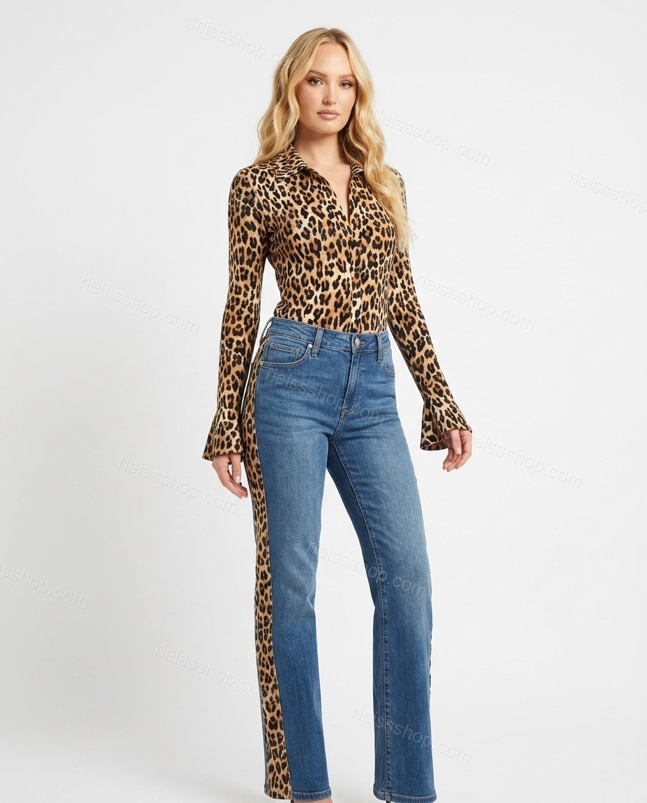 Brown Leopard Print Denim Two-Piece Set, front studio view, by Rieissshop