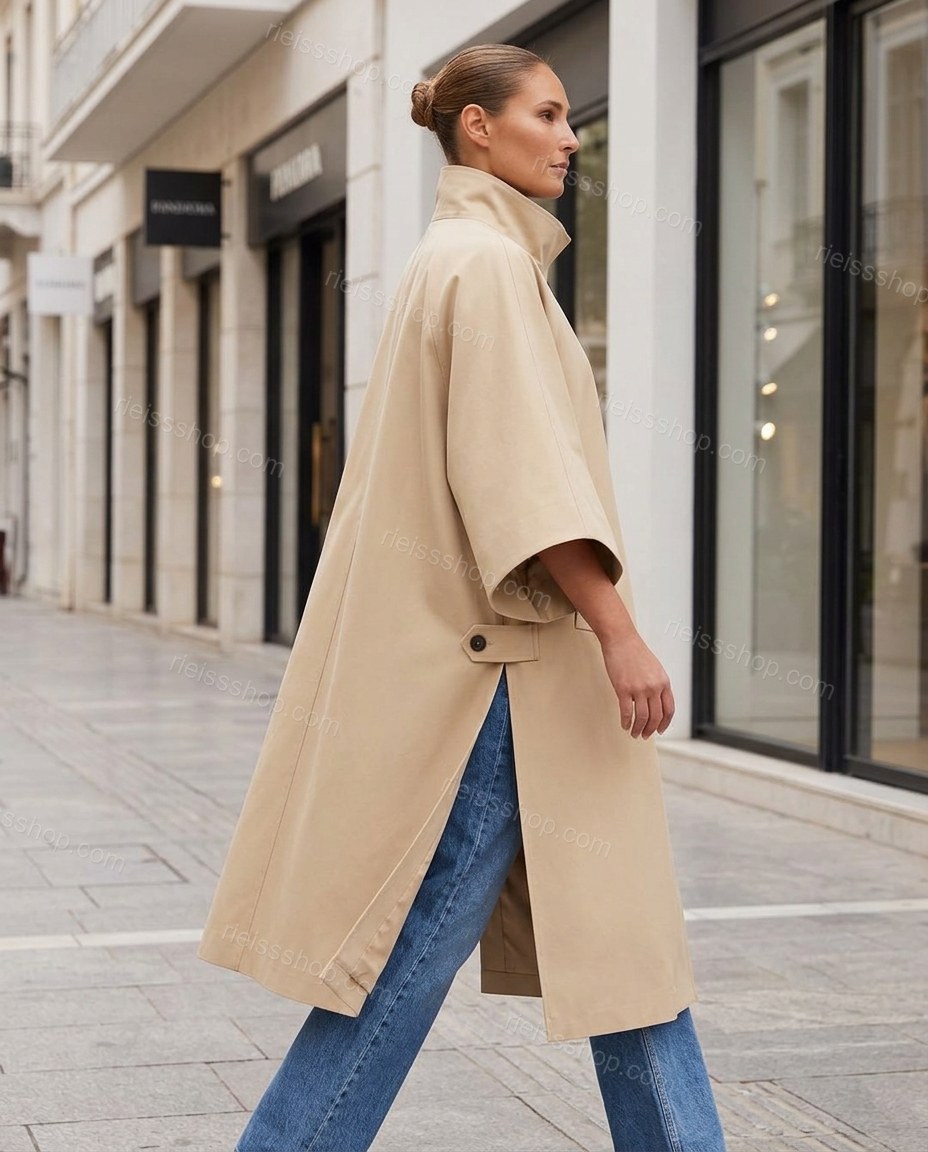 Beige Coat, walking lifestyle view, by Rieissshop