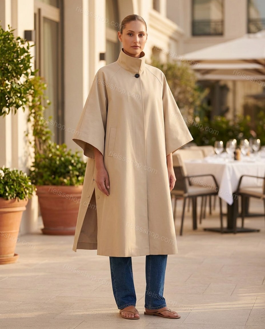 Beige Coat, three-quarter brand lifestyle view, by Rieissshop