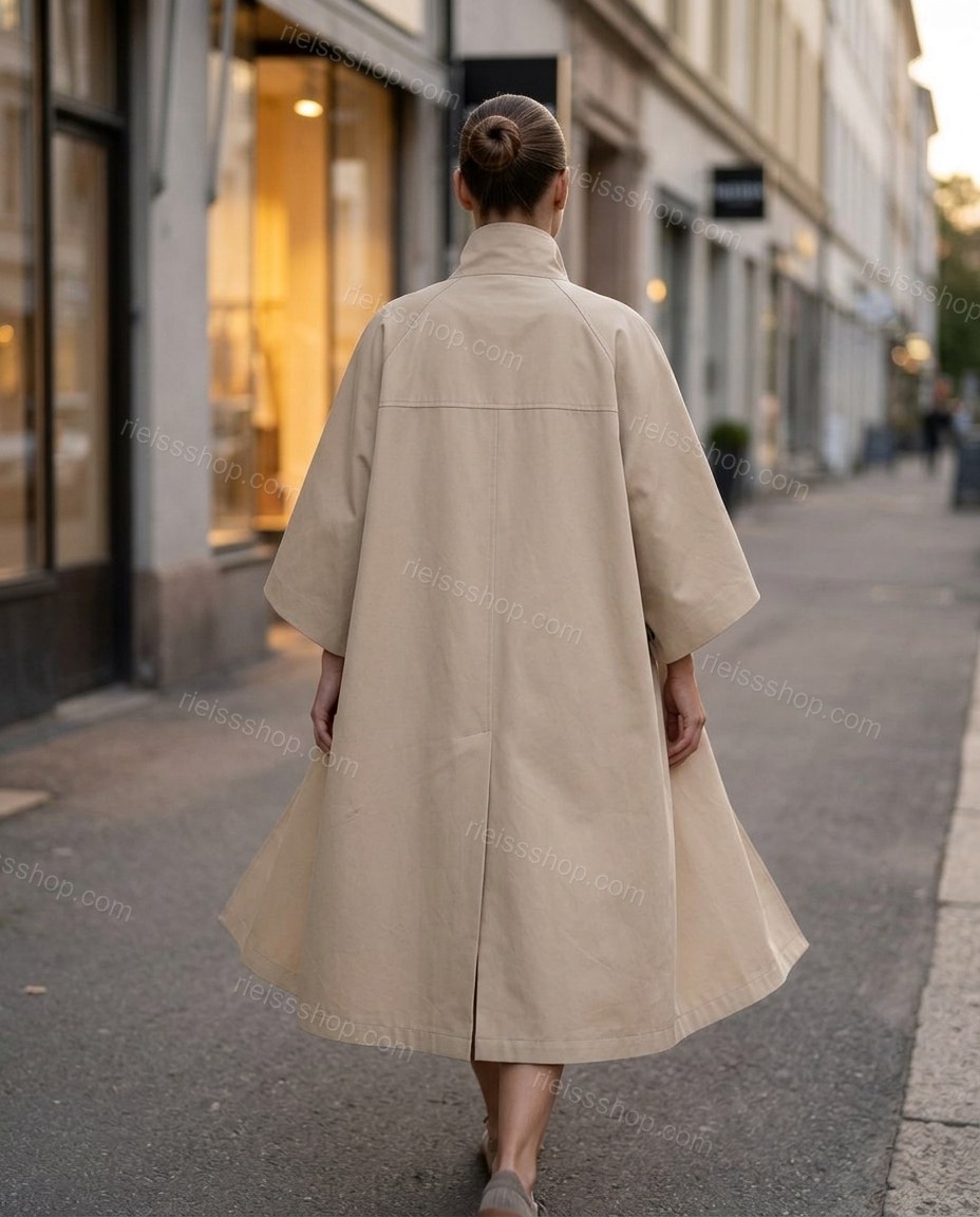Beige Coat, movement and fit lifestyle view, by Rieissshop