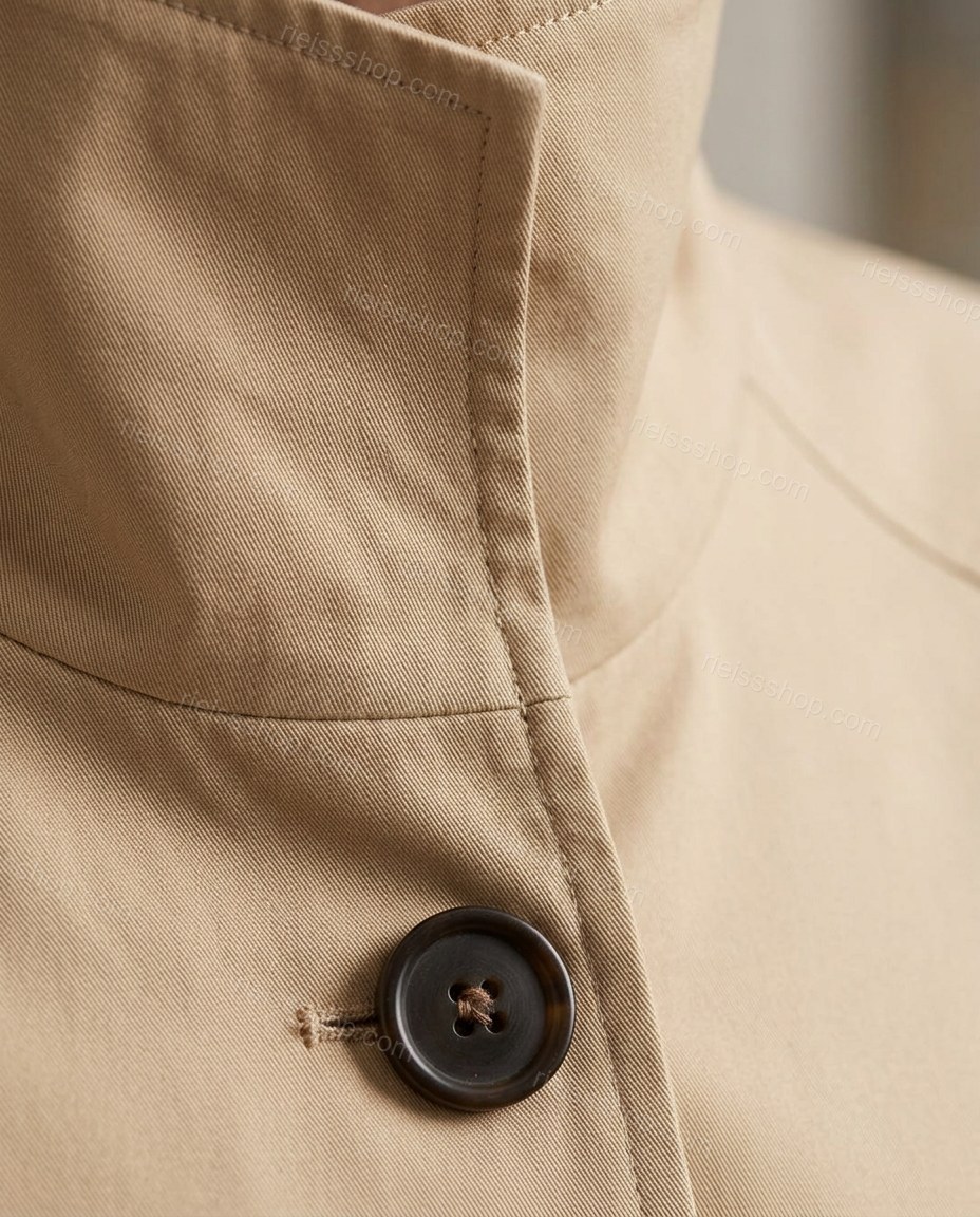 Beige Coat, close-up of black accents, side slits and button side tabs, by Rieissshop