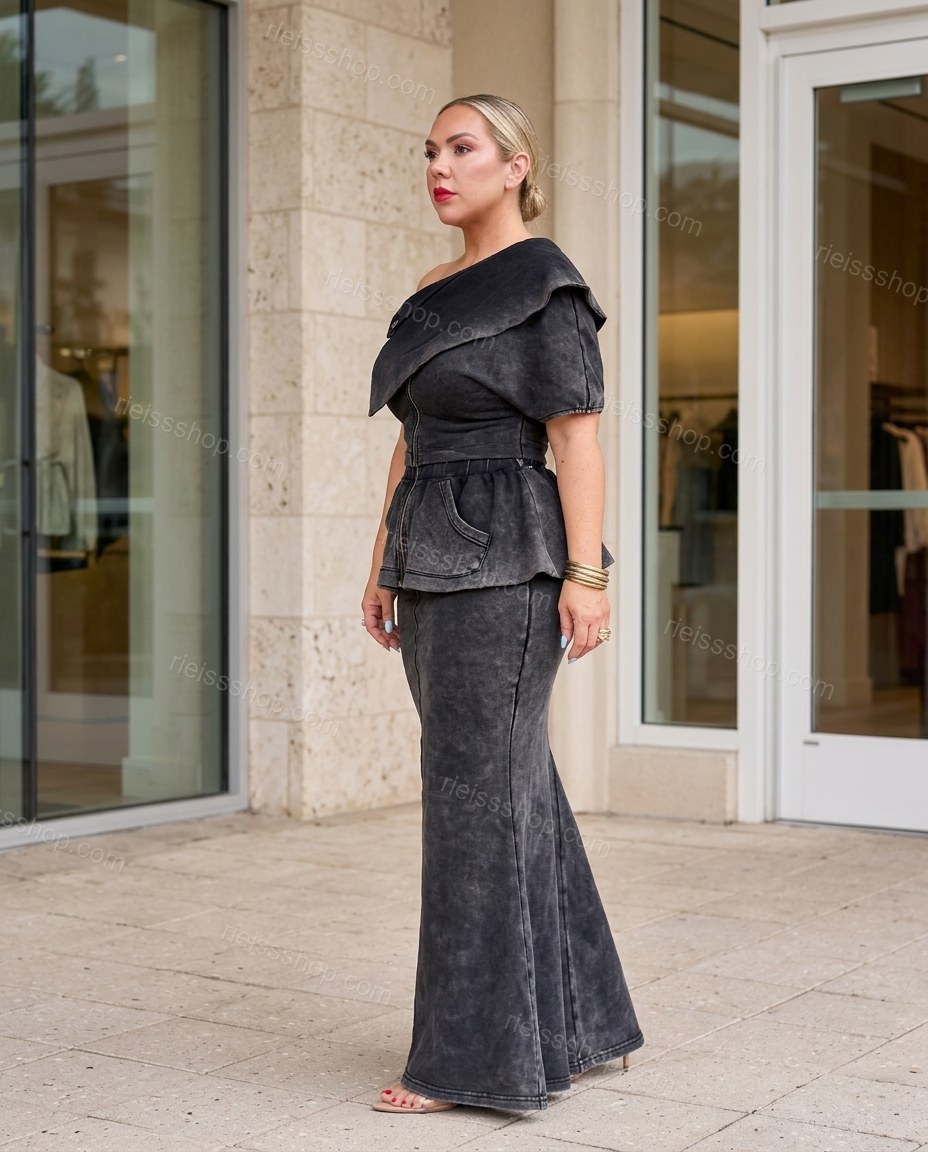 Grey Maxi Peplum Asymmetric Top & Skirt Set, three-quarter brand lifestyle view, by Rieissshop