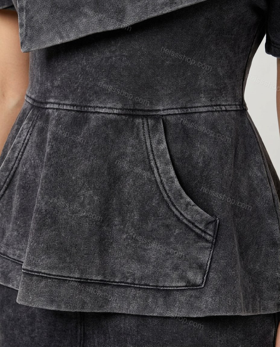 Grey Maxi Peplum Asymmetric Top & Skirt Set, close-up of black accents, peplum hem and exposed front zipper, by Rieissshop