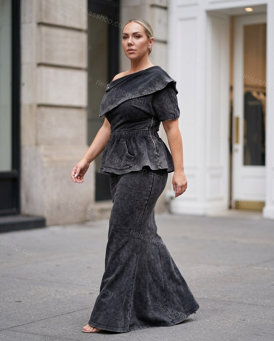 Grey Maxi Peplum Asymmetric Top & Skirt Set, movement and fit lifestyle view, by Rieissshop