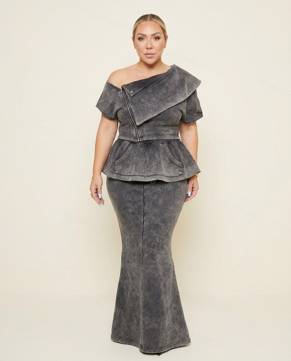 Grey Maxi Peplum Asymmetric Top & Skirt Set, full-length hero view, by Rieissshop