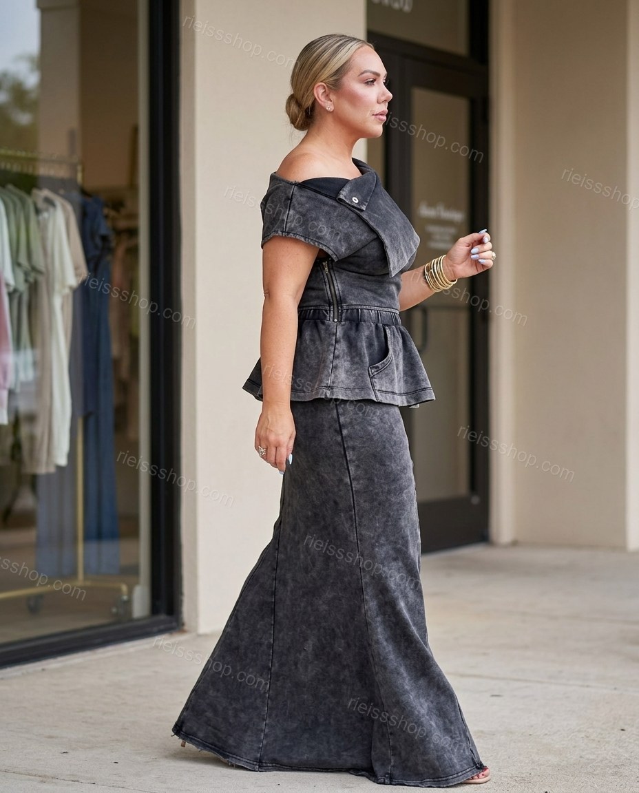 Grey Maxi Peplum Asymmetric Top & Skirt Set, walking lifestyle view, by Rieissshop