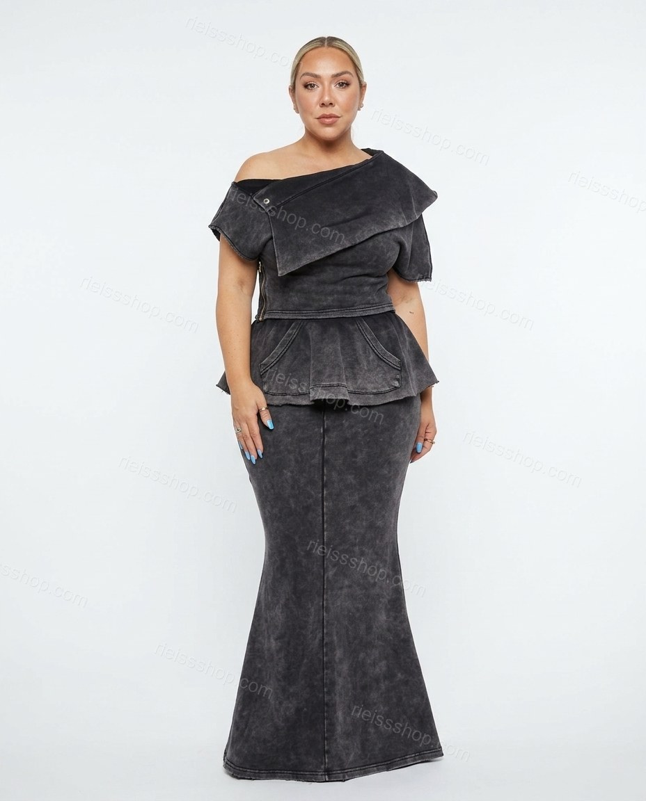 Grey Maxi Peplum Asymmetric Top & Skirt Set, front studio view, by Rieissshop