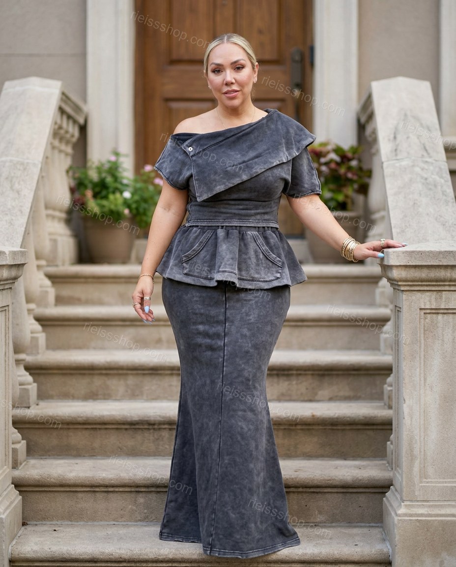 Grey Maxi Peplum Asymmetric Top & Skirt Set, alternate use-case lifestyle view, by Rieissshop