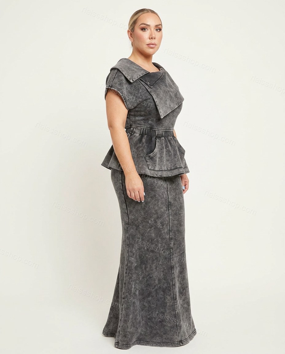 Grey Maxi Peplum Asymmetric Top & Skirt Set, side and back studio view, by Rieissshop