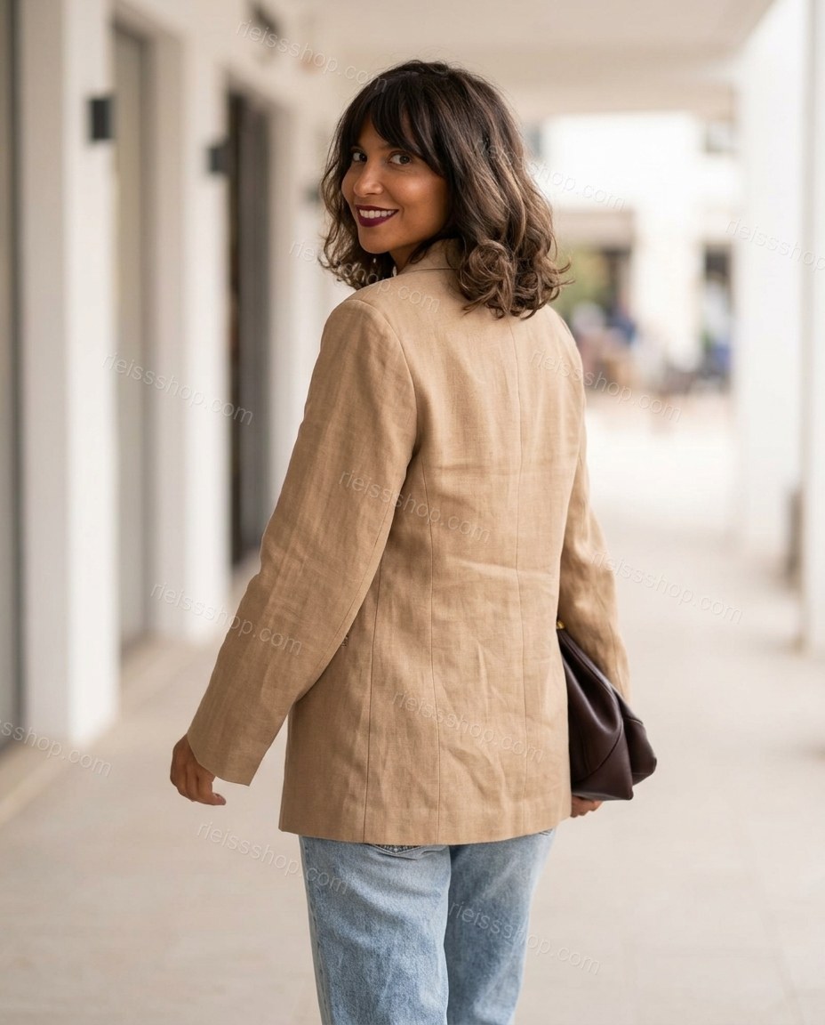 Tan Linen Blazer, movement and fit lifestyle view, by Rieissshop