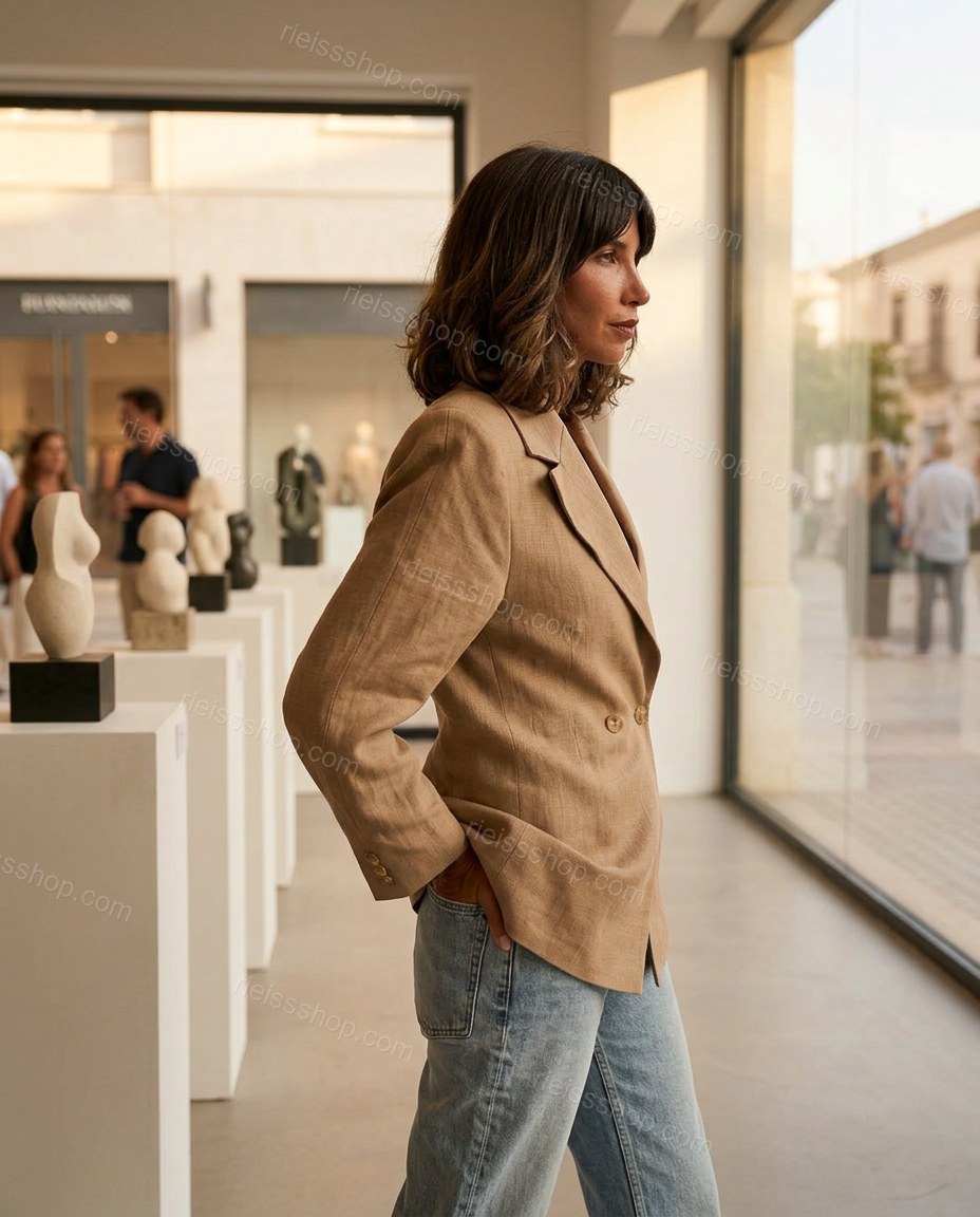 Tan Linen Blazer, walking lifestyle view, by Rieissshop