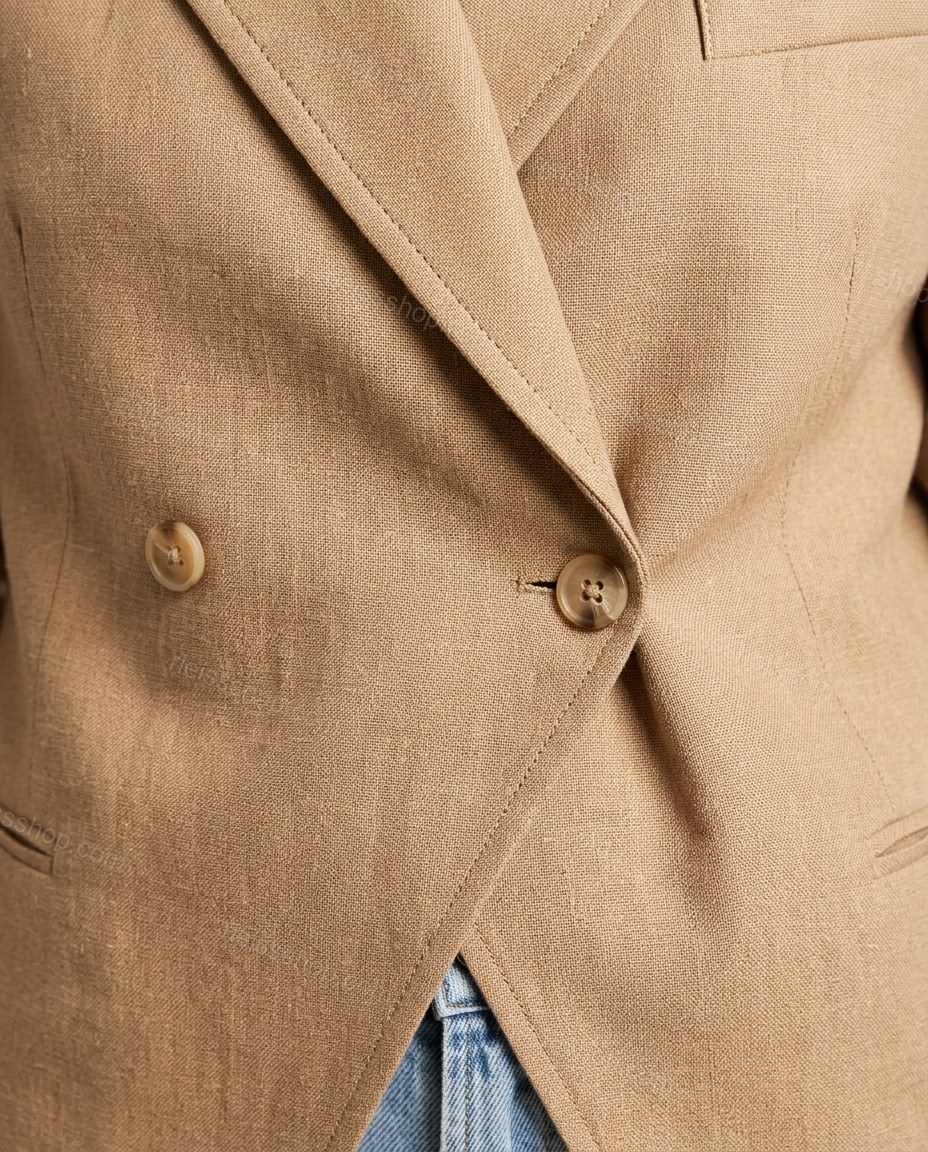 Tan Linen Blazer, close-up of double-breasted, welt chest pocket and button cuffs, by Rieissshop