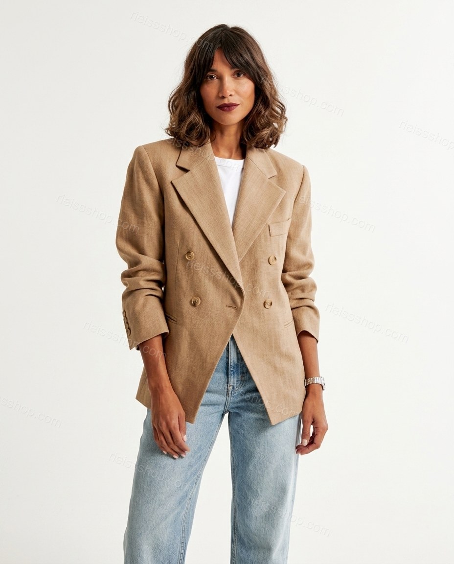 Tan Linen Blazer, front studio view, by Rieissshop