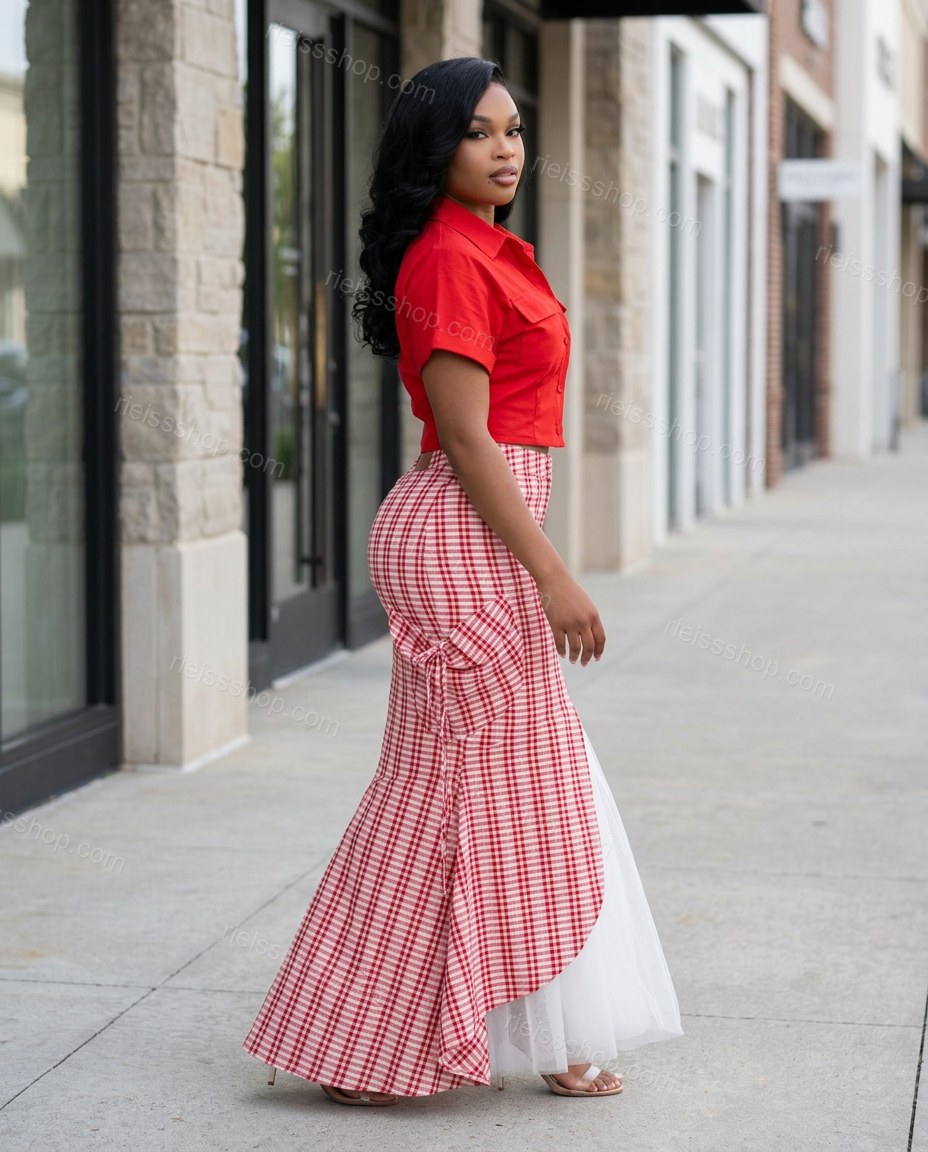 Red Midi Cotton Top & Skirt Set, walking lifestyle view, by Rieissshop
