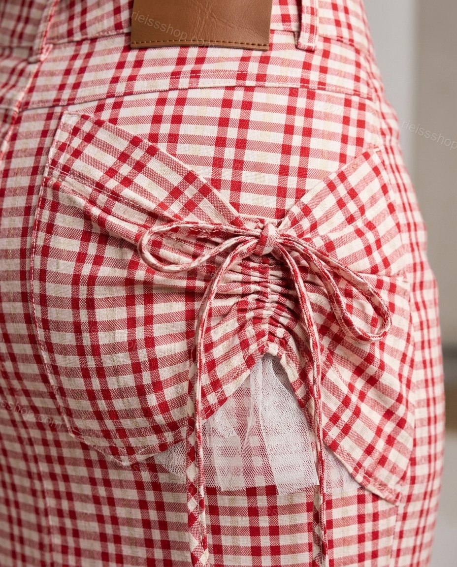 Red Midi Cotton Top & Skirt Set, close-up of white accents, drawstring side ruching and tulle underlay, by Rieissshop