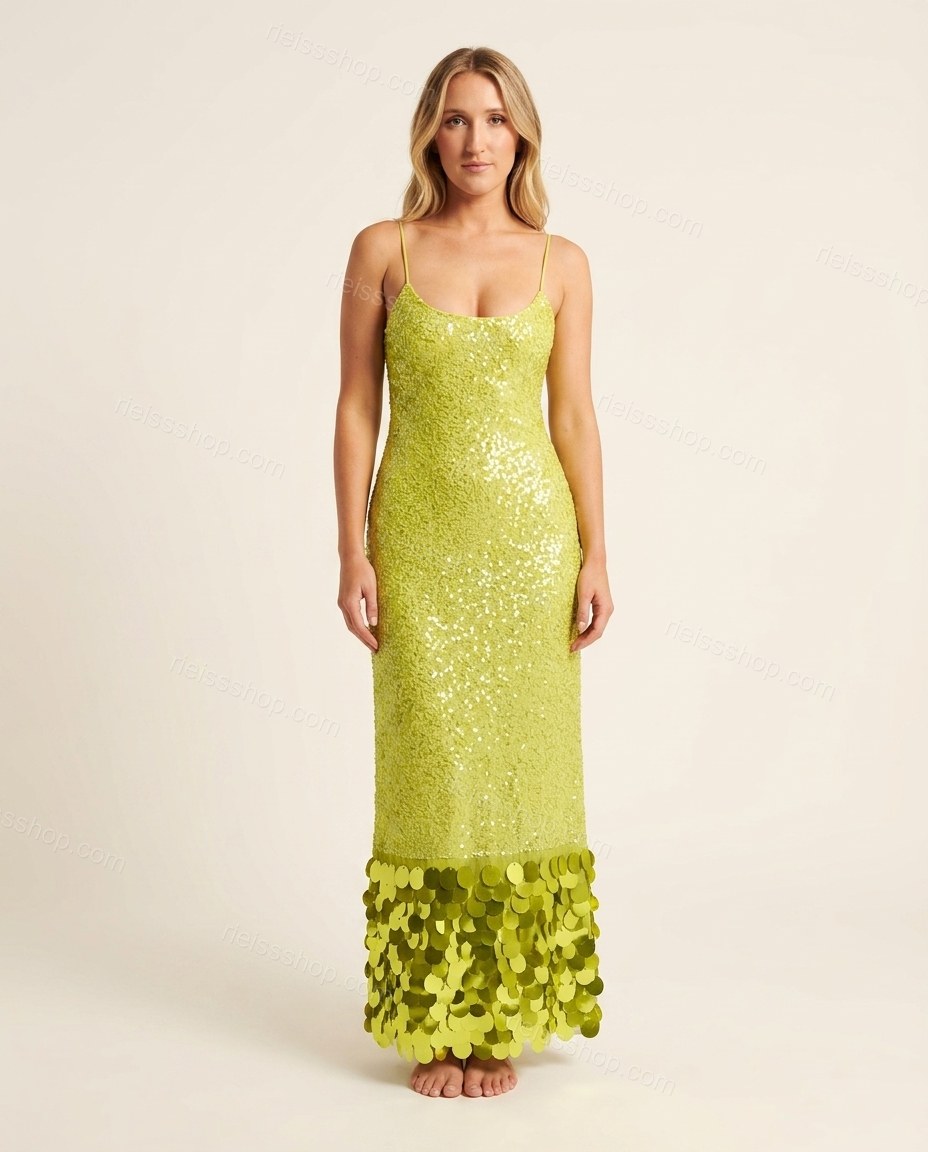 Lime Green Maxi Dress, front studio view, by Rieissshop