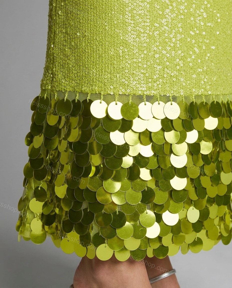 Lime Green Maxi Dress, close-up of large scale sequin hem trim, all-over sequins and spaghetti straps, by Rieissshop