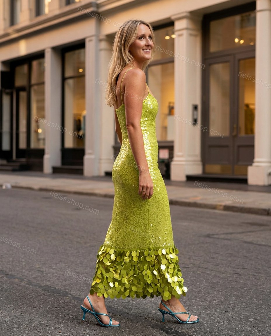 Lime Green Maxi Dress, walking lifestyle view, by Rieissshop
