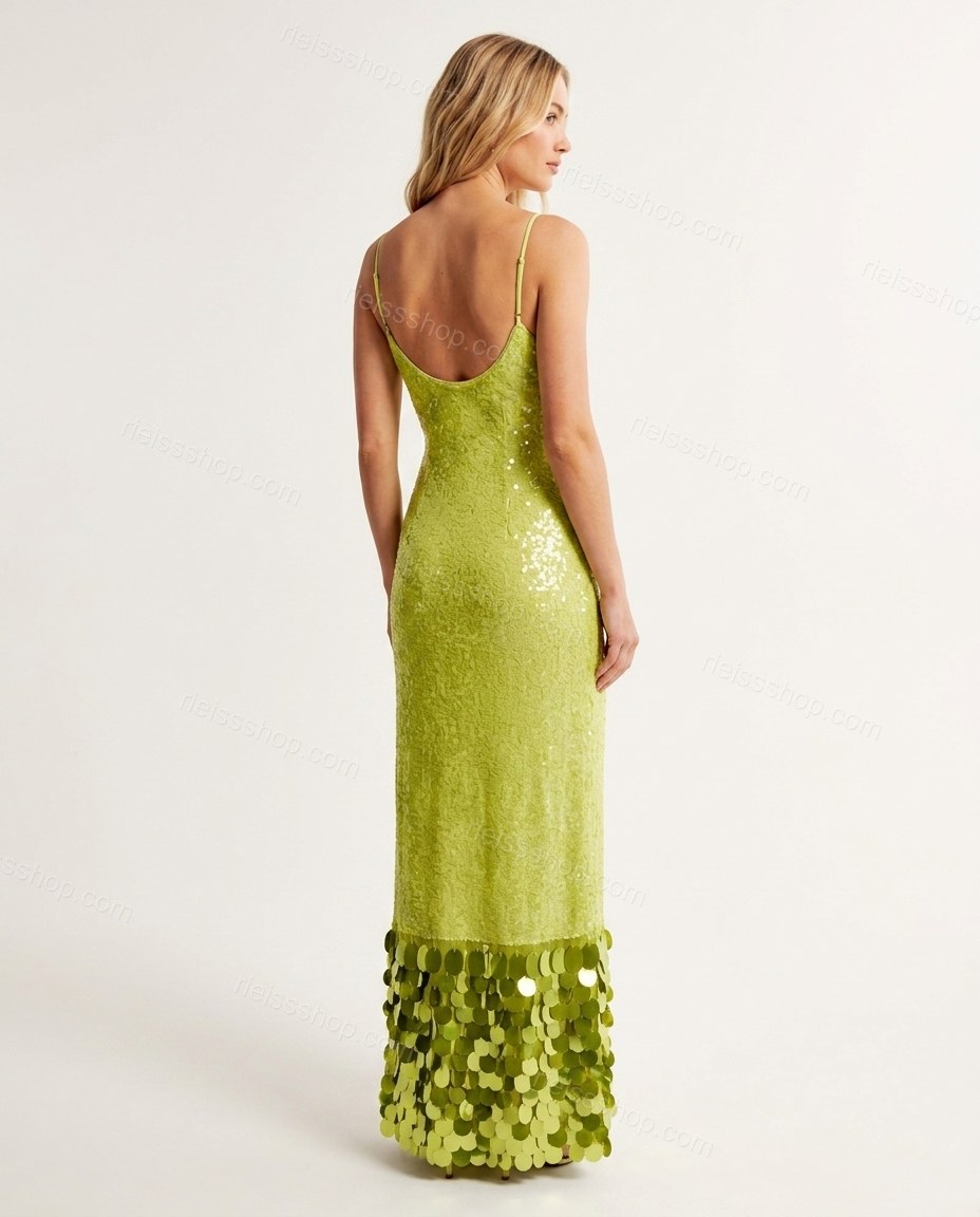 Lime Green Maxi Dress, back studio view showing scoop back with thin spaghetti straps, by Rieissshop