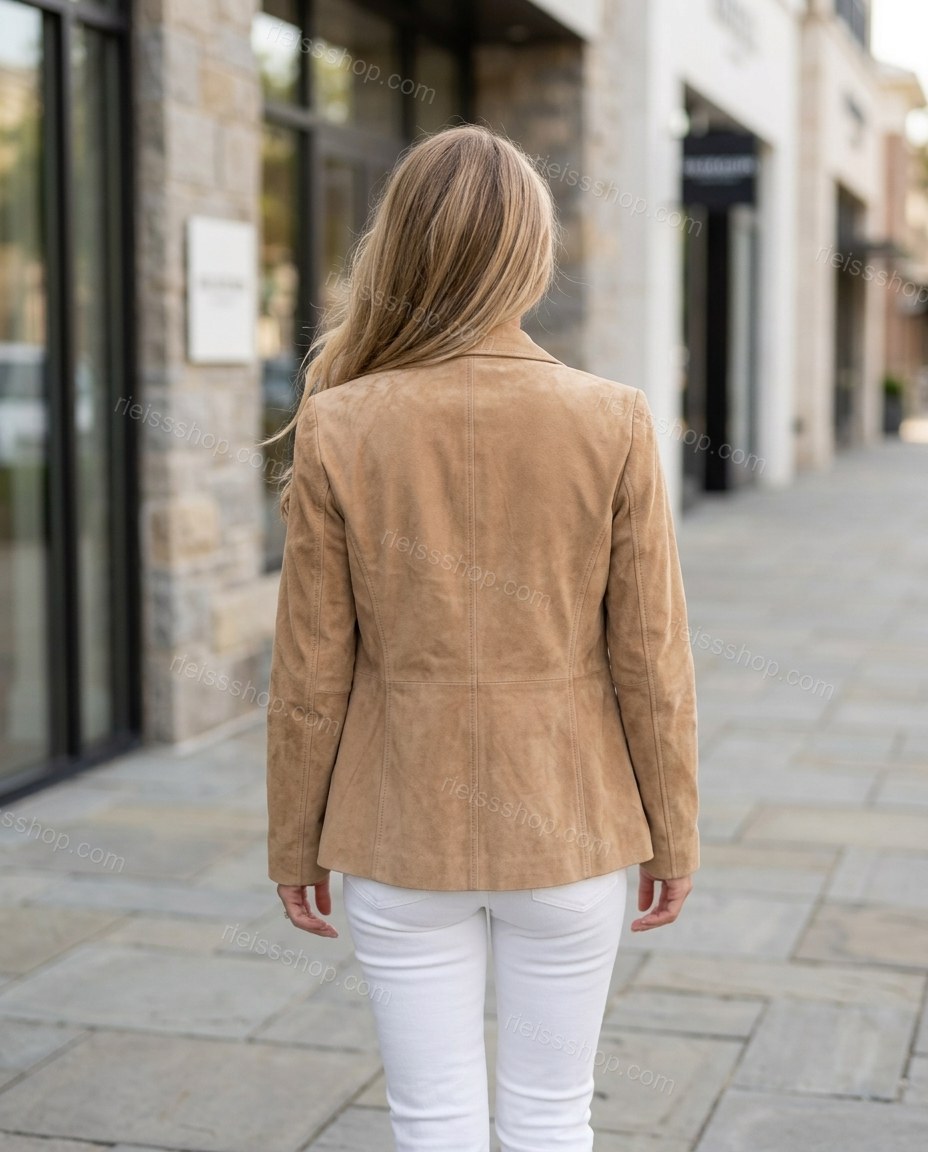 Tan Jacket, movement and fit lifestyle view, by Rieissshop