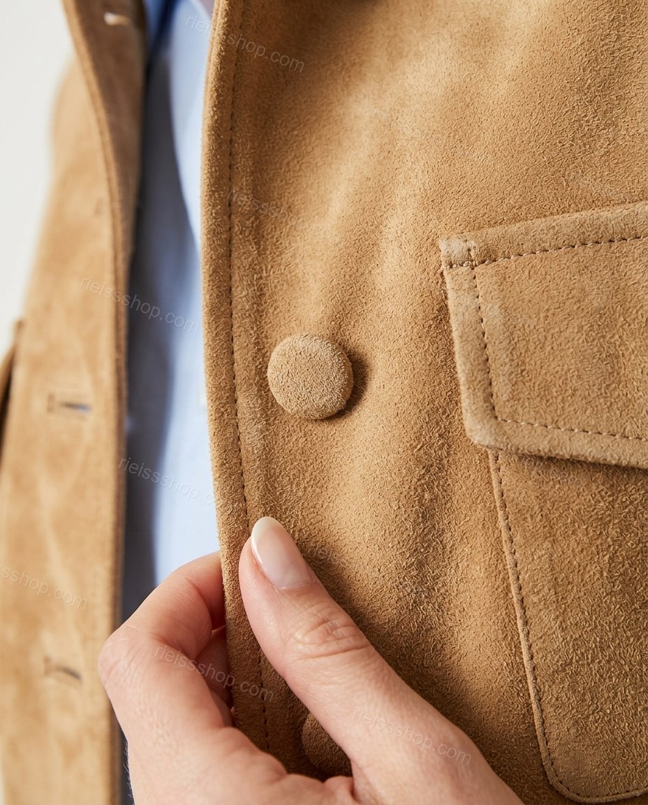 Tan Jacket, close-up of epaulets, button front closure and chest pockets, by Rieissshop